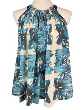 Maiyet Hand-Painted Silk Top S Pleated Halter Floral Flowy Teal Blue Cream Tank